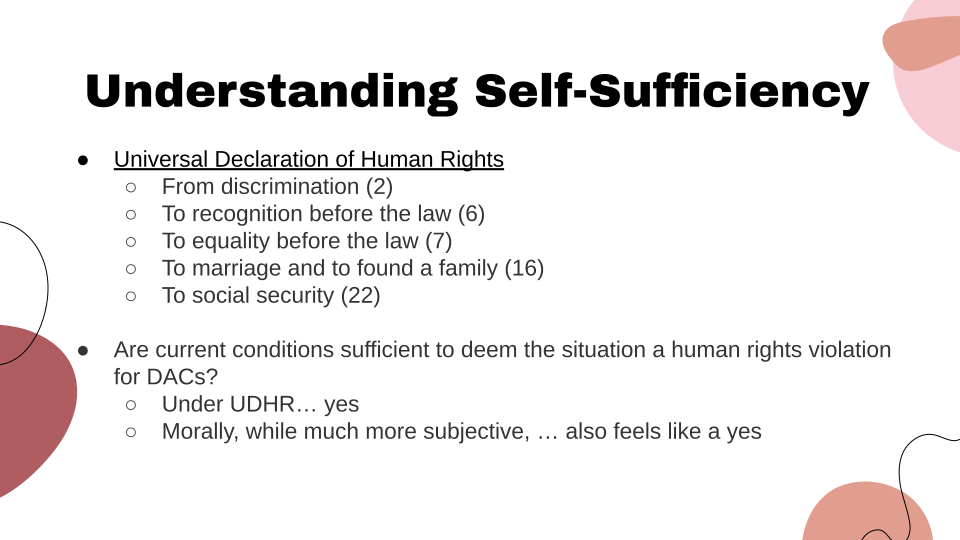 Slide title: Understanding Self-Sufficiency. 1: Universal Declaration of Human Rights: From discrimination, 2. To recognition before the law, 6. To equality before the law, 7. To marriage and to found a family, 16. To social security, 22. 2: Are current conditions sufficient to deem the situation a human rights violation for DAC's? Under UDHR... Yes. Morally, while much more subjective, ... also feels like a yes.