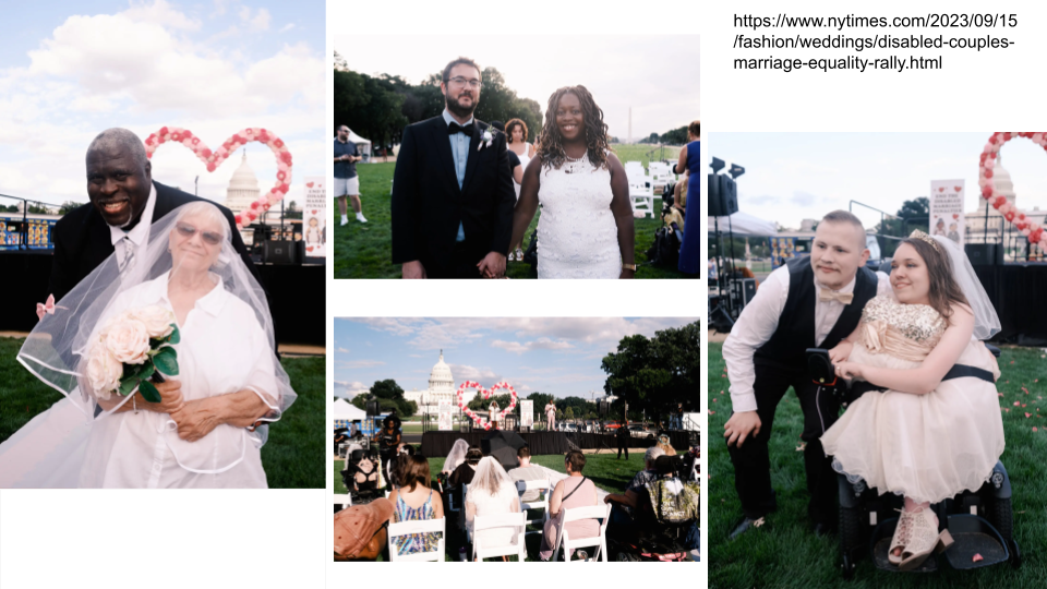 Four images of couples on their wedding days. In the leftmost image, a veiled White bride poses with a Black groom. She is noticeably shorter than him, and is holding a bouquet of pink roses. The middle images depict another interracial heterosexual couple smiling at the camera (top) and a shot of a wedding venue (bottom); guests look up at a stage featuring a heart-shaped archway of pick roses. The right image depicts another White heterosexual couple. The groom leans forward to be at eye level with the bride, who is a little person sitting on a motorized wheelchair.